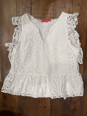 Lilly Pulitzer White Eyelet Ruffle Peplum V-Neck Top